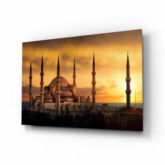 Blue Mosque Sunset Glass Wall Art Print | Insigneart USA | vintageantiquesgifts.com