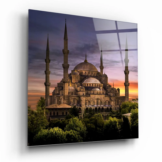 Blue Mosque sunset on tempered glass art panel