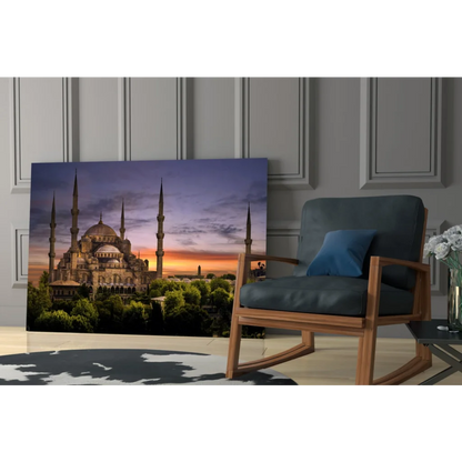 Blue Mosque sunset on glass wall art print with orange purple skies