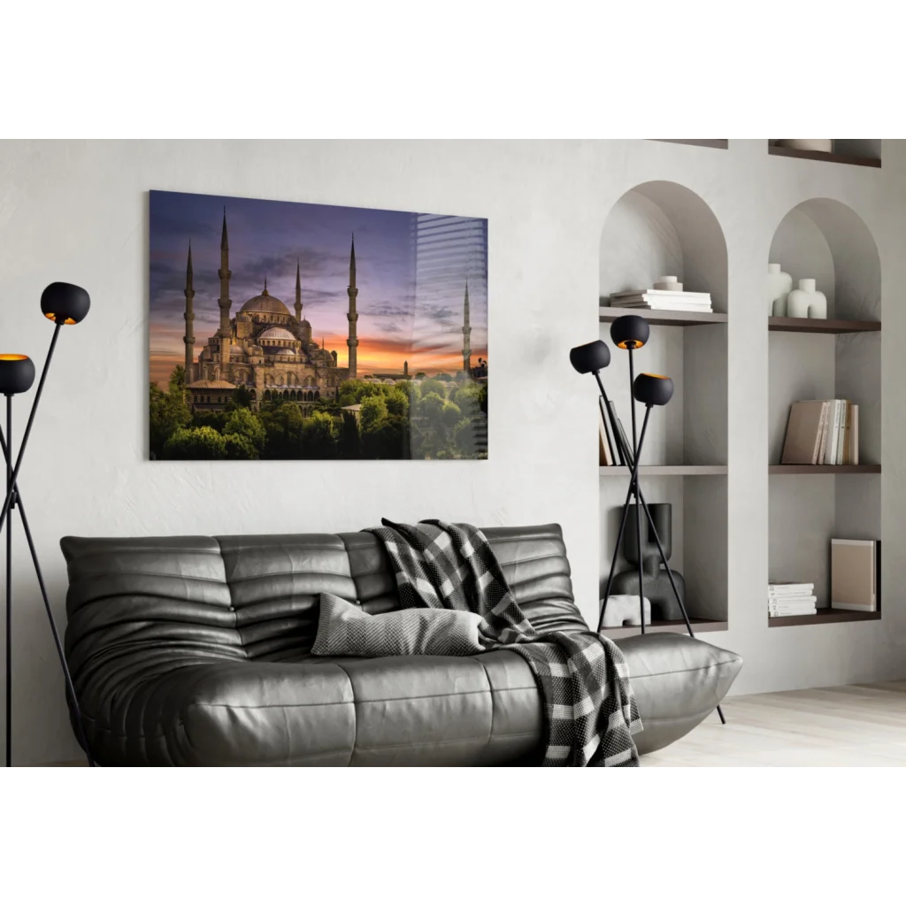 Blue Mosque sunset glass wall art with domes and minarets