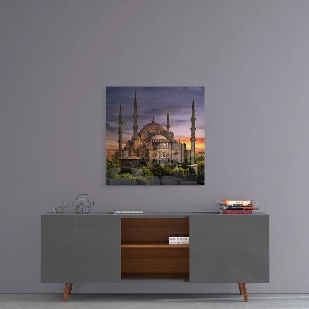 Blue Mosque sunset on tempered glass art panel