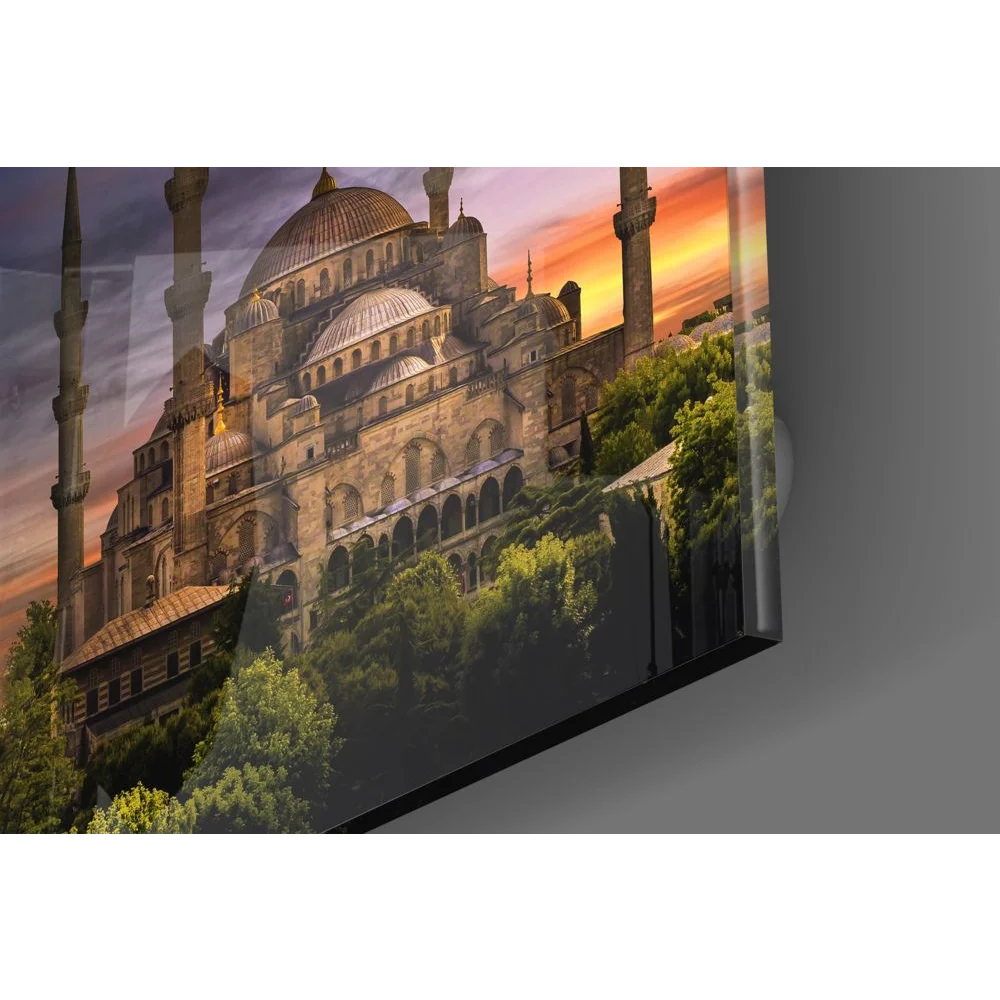 Sleek tempered glass art panel of Blue Mosque sunset with domes