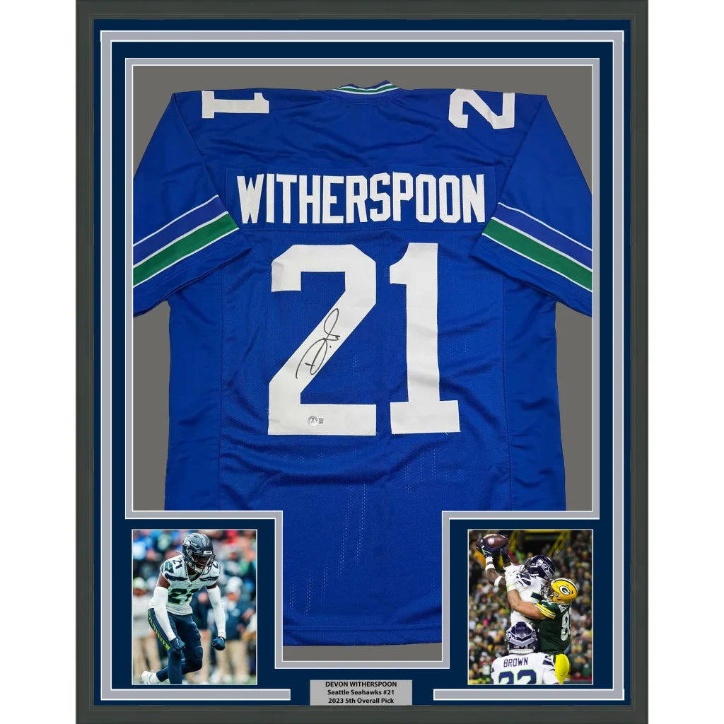 Framed autographed Blue Number 2 Football Jersey with player photos for man cave decor