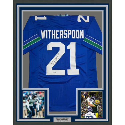 Framed autographed Blue Number 2 Football Jersey with player photos for man cave decor