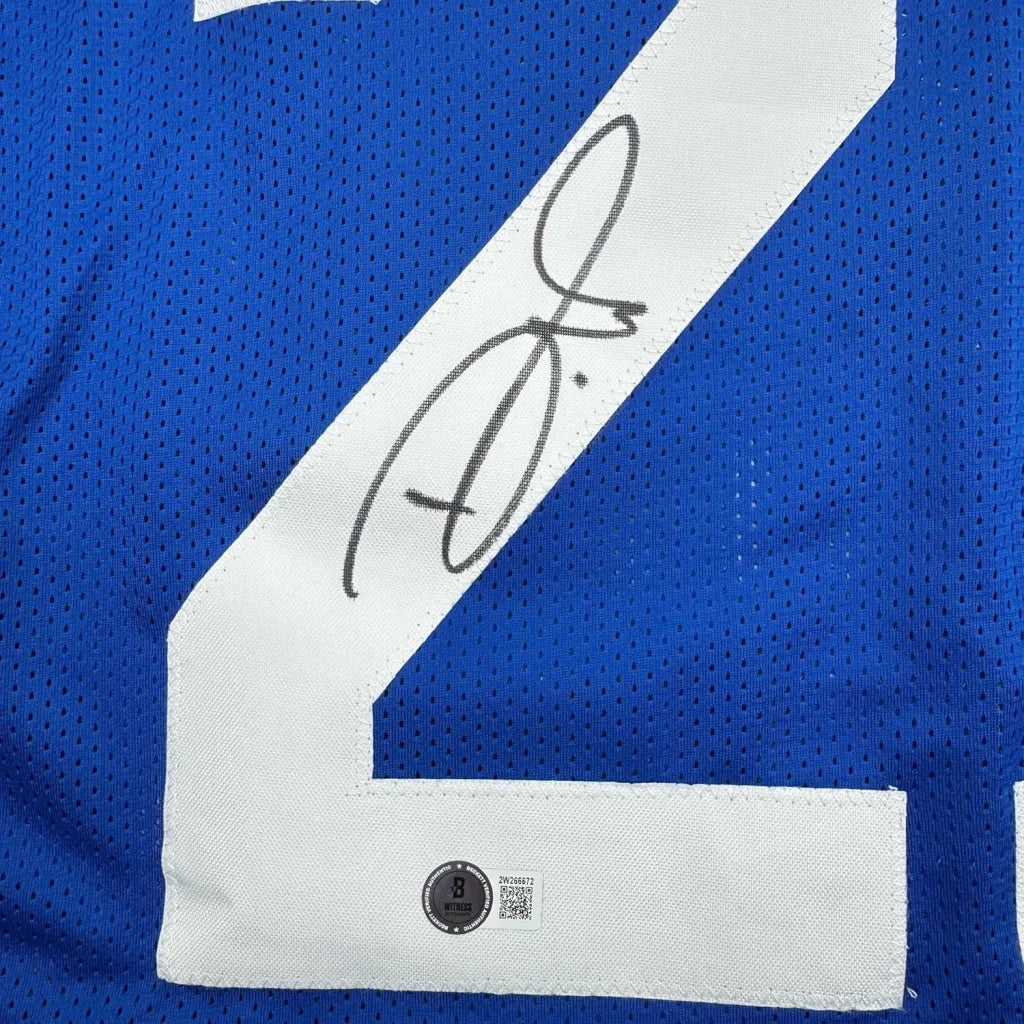 Blue athletic jersey with white number 2 and black autograph perfect for your Man Cave
