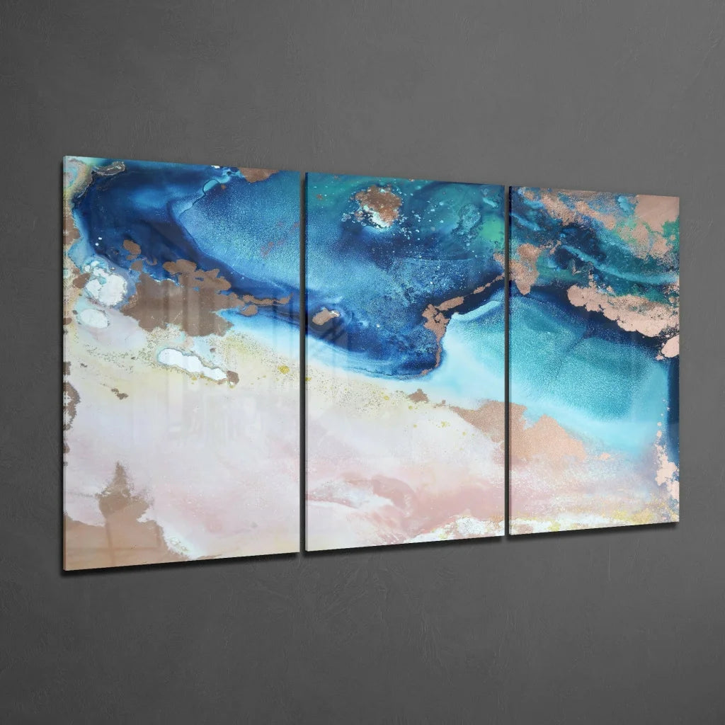 Stunning glass wall art set with metallic swirls in blues and pinks