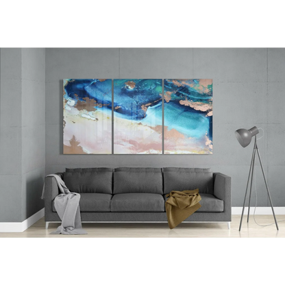 Stunning three-panel glass wall art with swirling blues, teals, peach, and gold accents