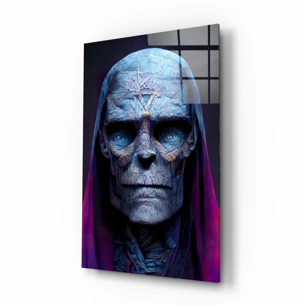 Blue skull glass wall art with purple pentagram design