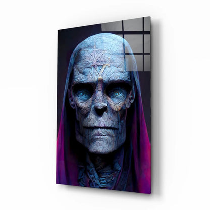 Blue skull glass wall art with purple pentagram design