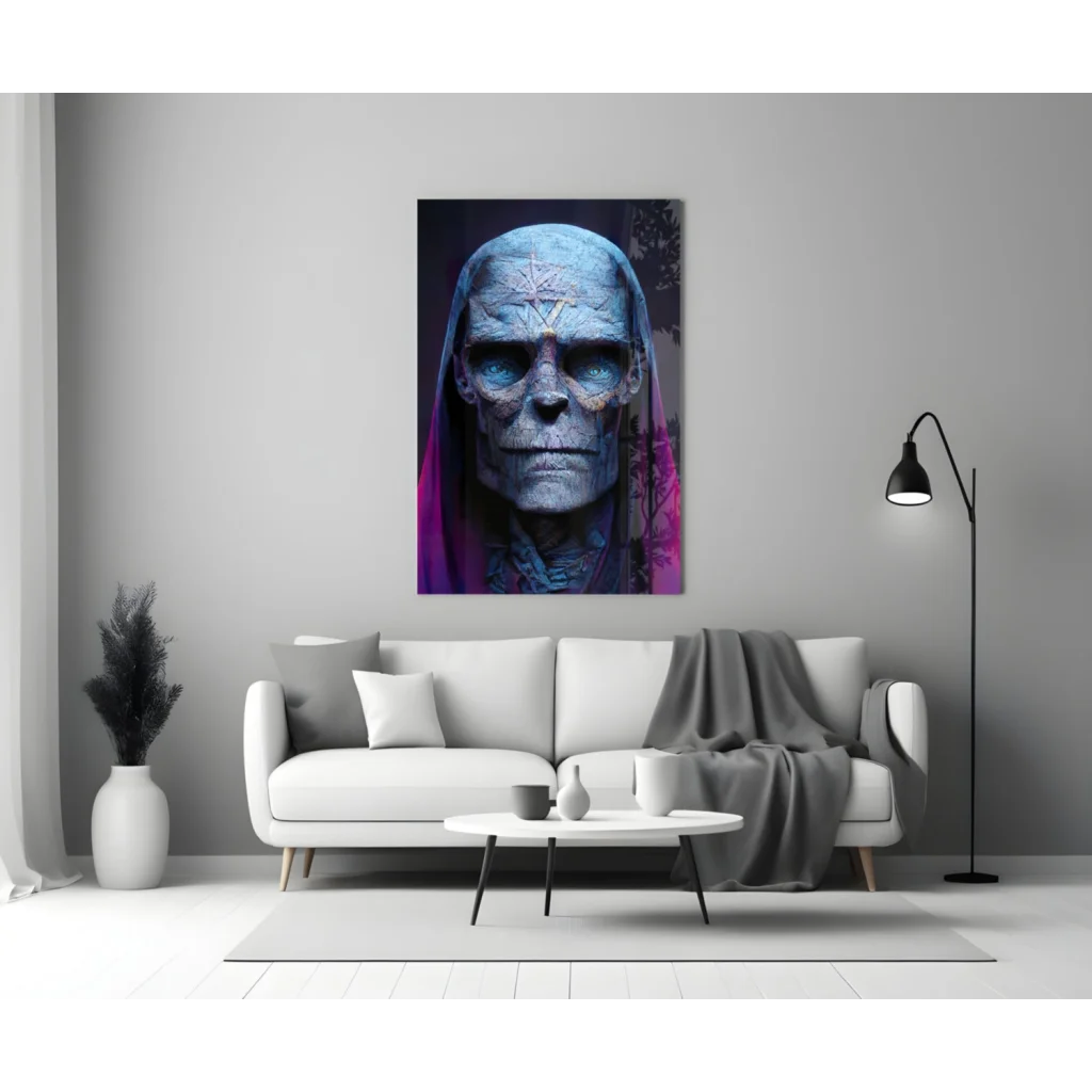 Modern blue skull glass wall art with purple pentagram accents