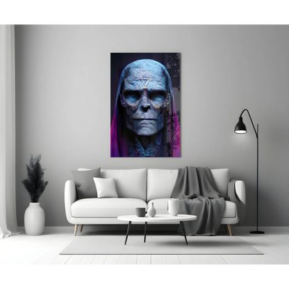 Modern blue skull glass wall art with purple pentagram accents
