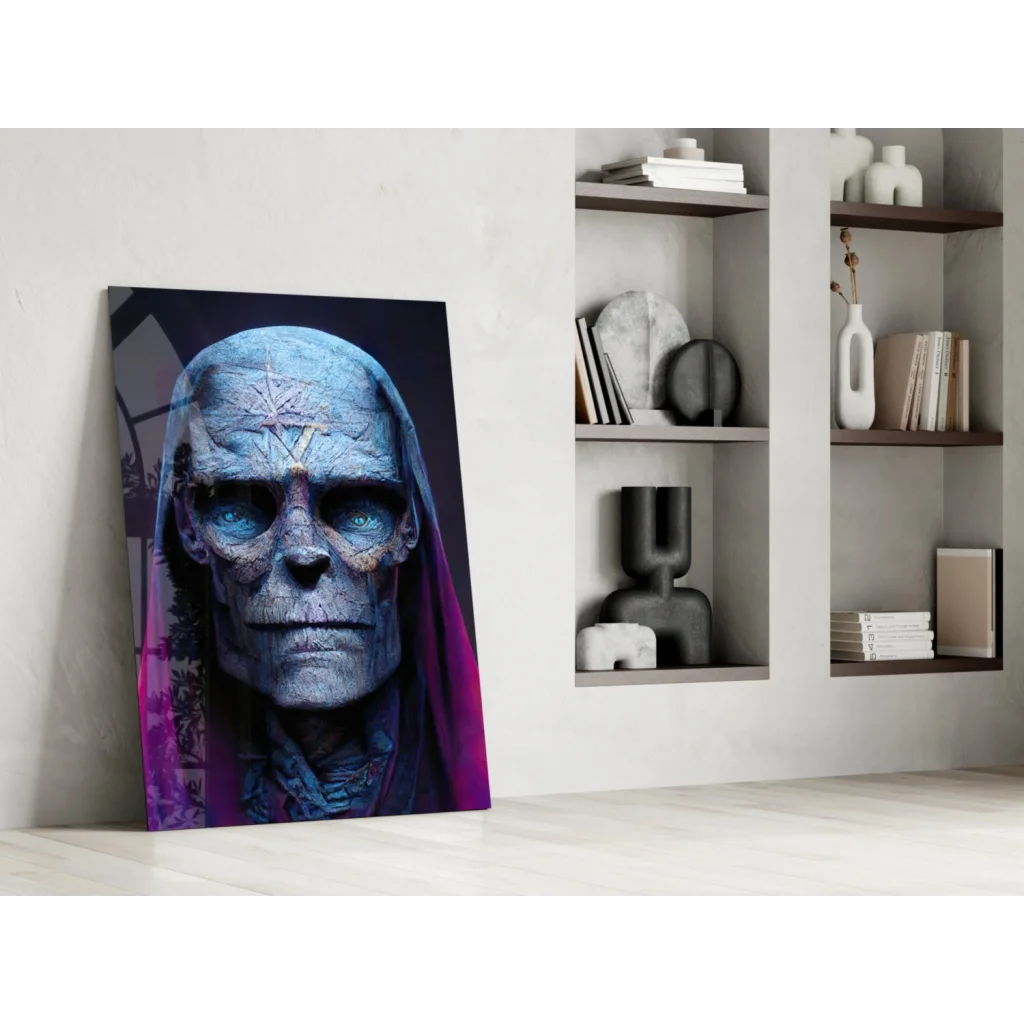 Blue Skull Glass Wall Art with Purple Pentagram Design