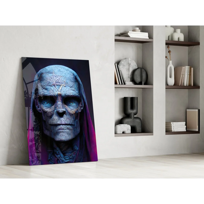 Blue Skull Glass Wall Art with Purple Pentagram Design