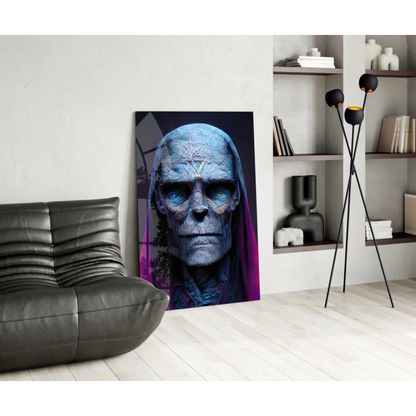 Blue skull glass wall art with glowing eyes and purple pentagram design