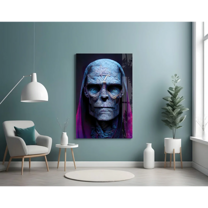 Blue skull glass wall art with purple pentagram design