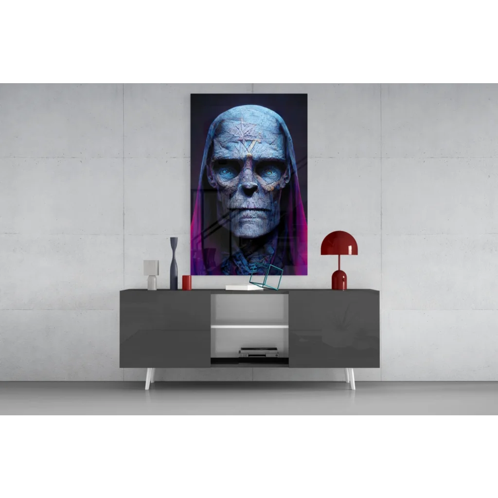 Blue skull glass wall art poster on purple pentagram background
