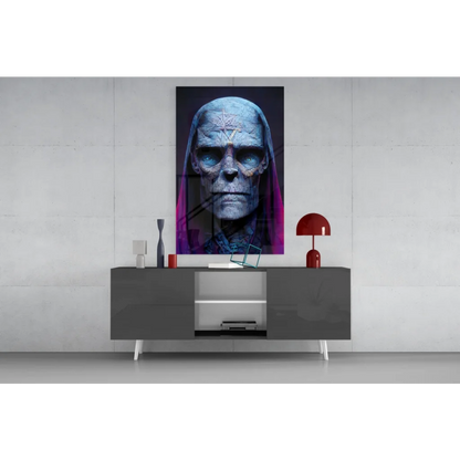 Blue skull glass wall art poster on purple pentagram background