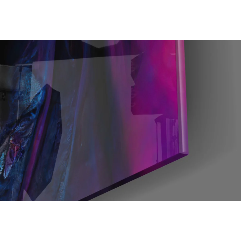 Blue skull glass wall art with purple pentagram and pink gradient design