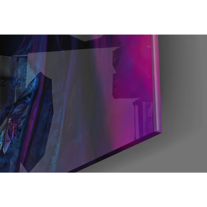 Blue skull glass wall art with purple pentagram and pink gradient design