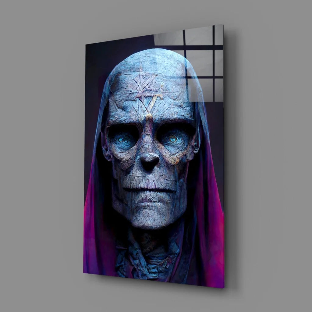 Blue skull glass wall art with red hood and purple pentagram design