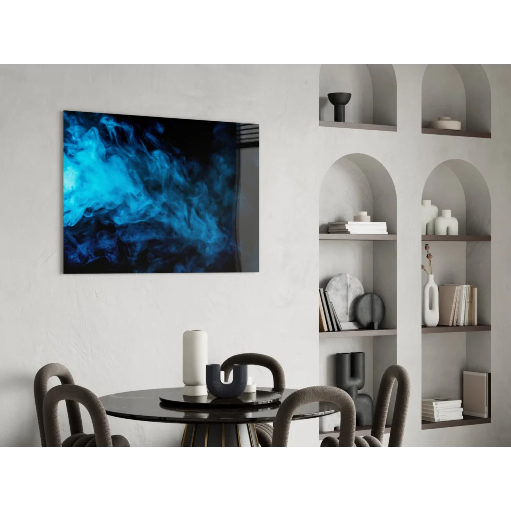 Vibrant blue swirl glass wall art on sleek black frame
