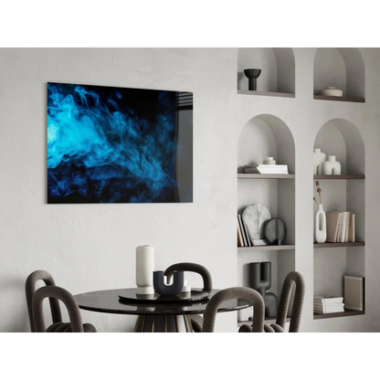 Vibrant blue swirl glass wall art on sleek black frame