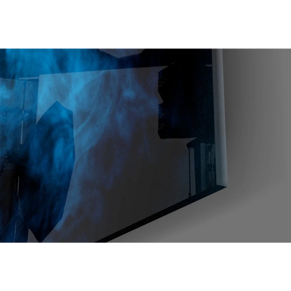 Sleek TV displaying mesmerizing blue swirl wall art on black background