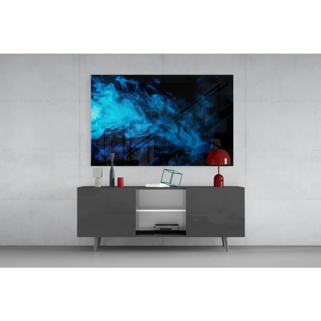 Modern gray console table with sleek legs under mesmerizing blue swirl wall art