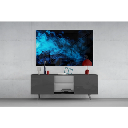 Modern gray console table with sleek legs under mesmerizing blue swirl wall art