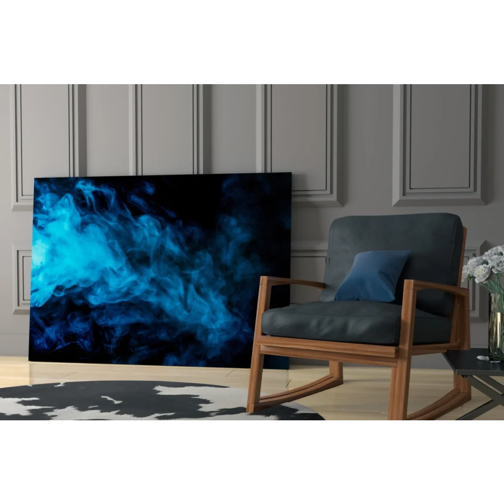 Vibrant blue swirl abstract smoke wall art on black canvas background