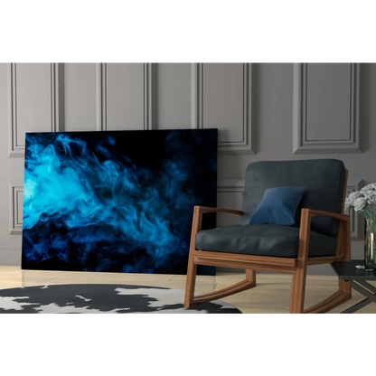 Vibrant blue swirl abstract smoke wall art on black canvas background
