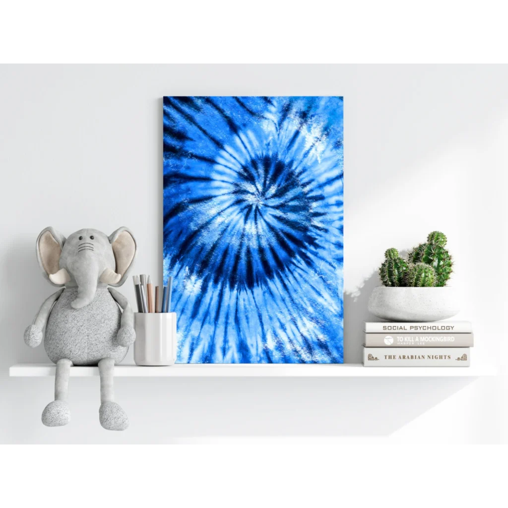 Blue spiral tie-dye aluminum canvas print with swirling deep and light blues