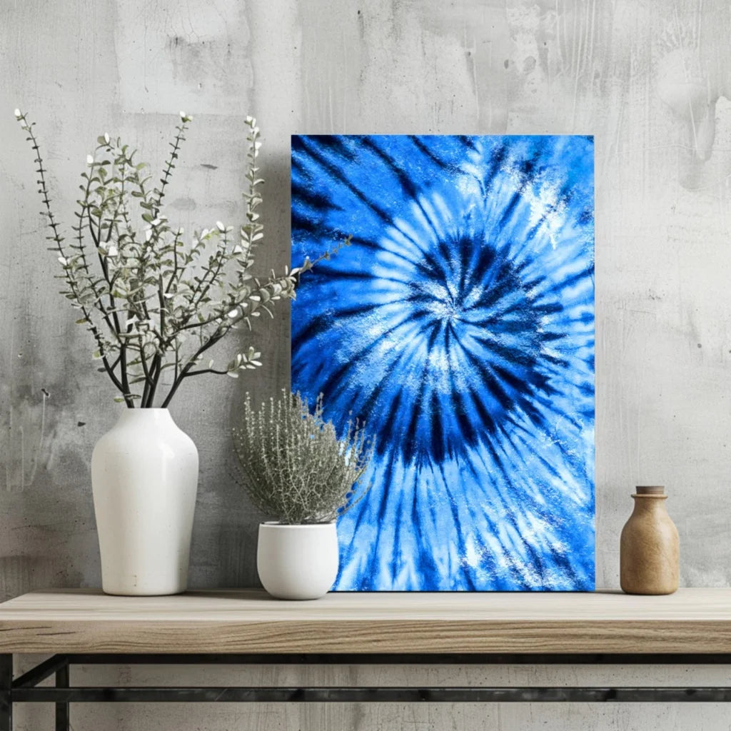 Vibrant blue spiral tie-dye pattern on aluminum canvas print