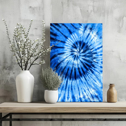 Vibrant blue spiral tie-dye pattern on aluminum canvas print