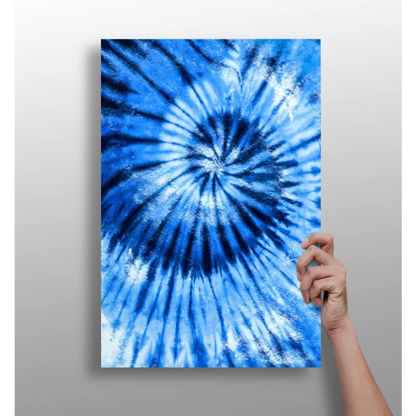 Vibrant blue spiral tie-dye pattern on aluminum canvas print
