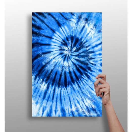 Vibrant blue spiral tie-dye pattern on aluminum canvas print