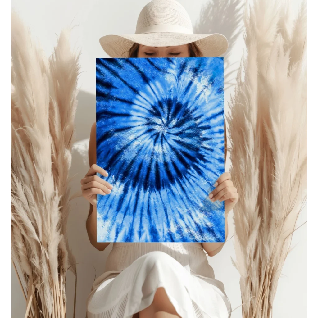 Vibrant blue spiral tie-dye poster on aluminum canvas print