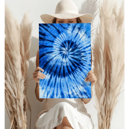 Vibrant blue spiral tie-dye poster on aluminum canvas print