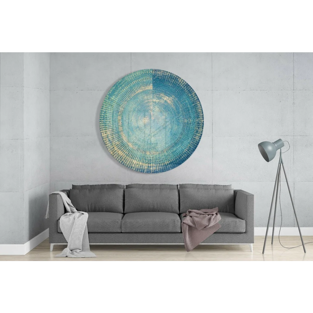 Stunning teal tempered glass art with textured concentric rings