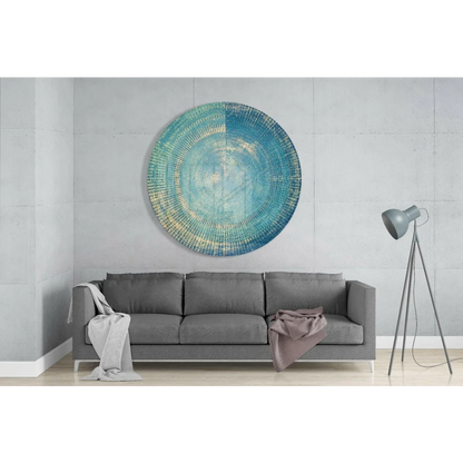 Stunning teal tempered glass art with textured concentric rings