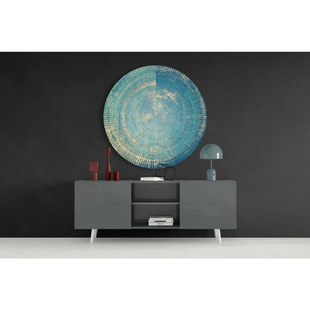 Stunning teal tempered glass art with blue splash concentric rings