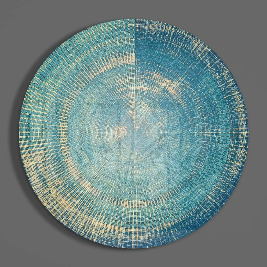 Stunning teal tempered glass art with textured concentric rings