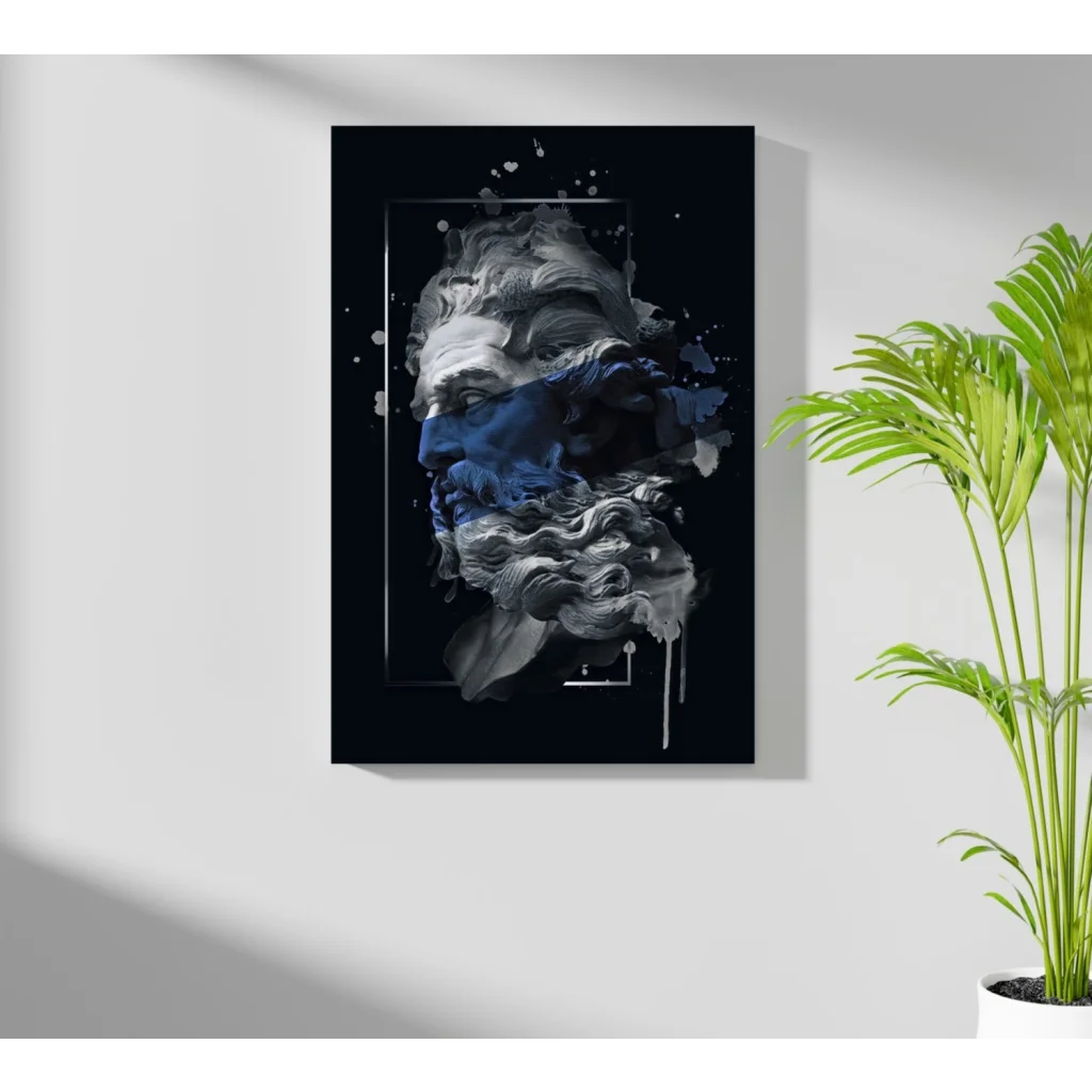 Stylized half-blue gray ancient bust with paint splatters on black canvas print