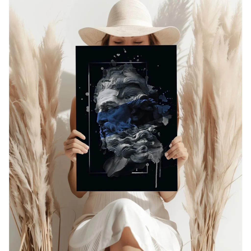 Blue Splatter Ancient Bust aluminum wall art with black frame and textured gray blue tones