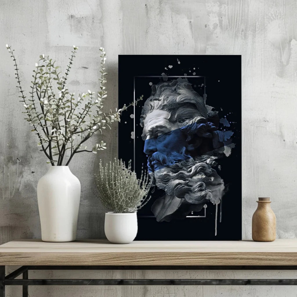 Stylized bearded bust in blue-gray splatters on black frame wall art