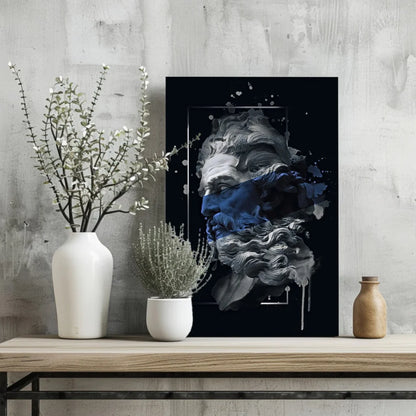 Stylized bearded bust in blue-gray splatters on black frame wall art