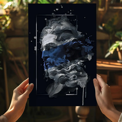 Blue Splatter Ancient Bust: grayscale male head with cobalt blue beard on aluminum art