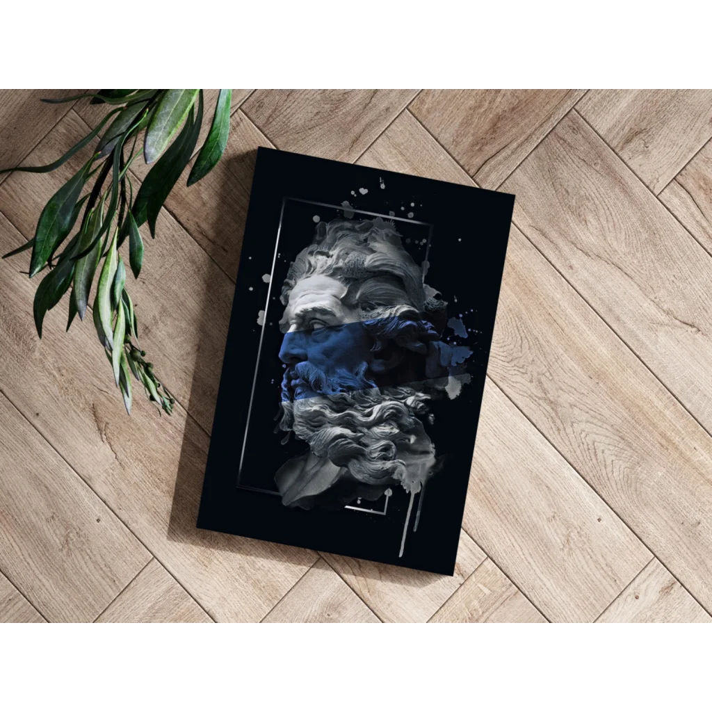 Blue splatter ancient bust black framed canvas print