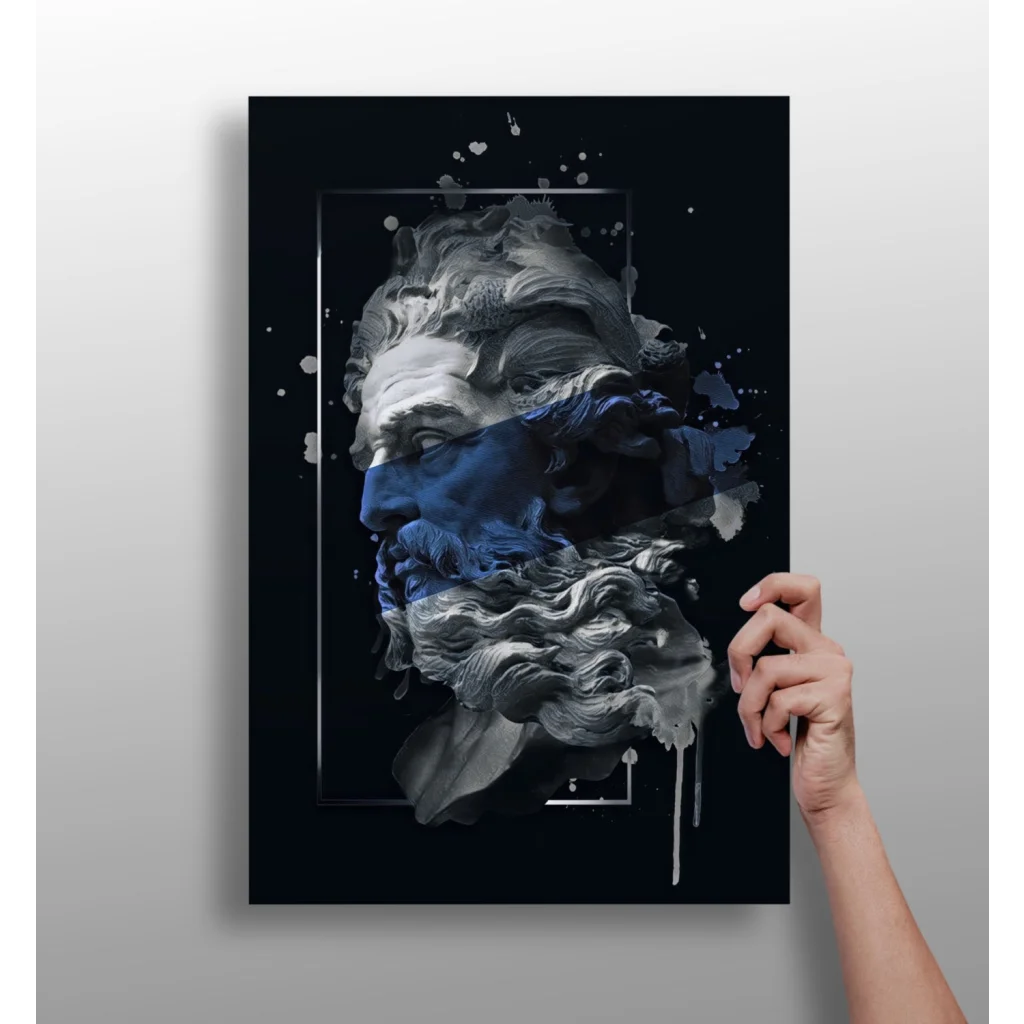 Blue Splatter Ancient Bust aluminum wall art with marble bust and paint