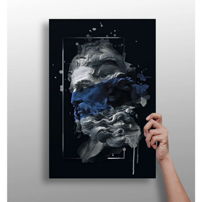 Blue Splatter Ancient Bust aluminum wall art with marble bust and paint
